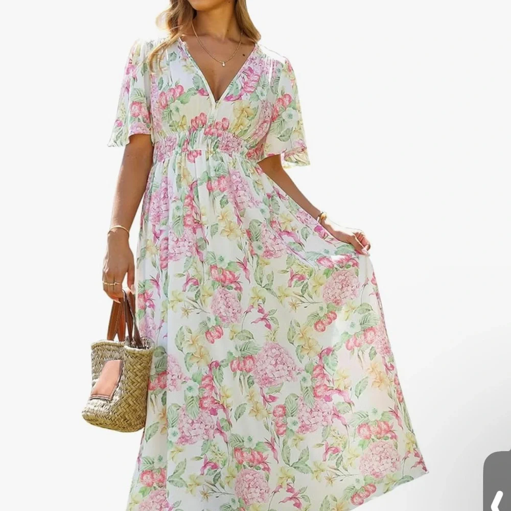 NEW Floral Maxi Dress, Flutter Sleeves, Pink & Green hydrangeas, Flowy, Large - Picture 1 of 3